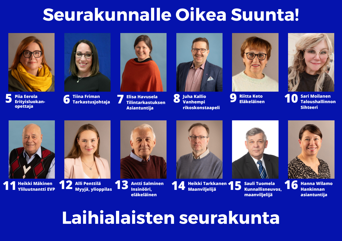 Laihialaisten seurakunta -listan 12 ehdokasta numeroilla 5–16 vuoden 2026 seurakuntavaaleissa.