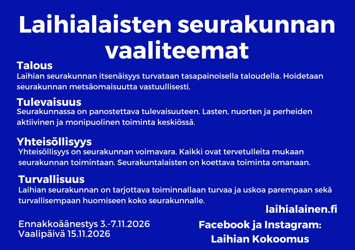 Vaaliesitteen toinen sivu: talous, tulevaisuus, yhteisöllisyys ja turvallisuus sekä äänestyspäivät.